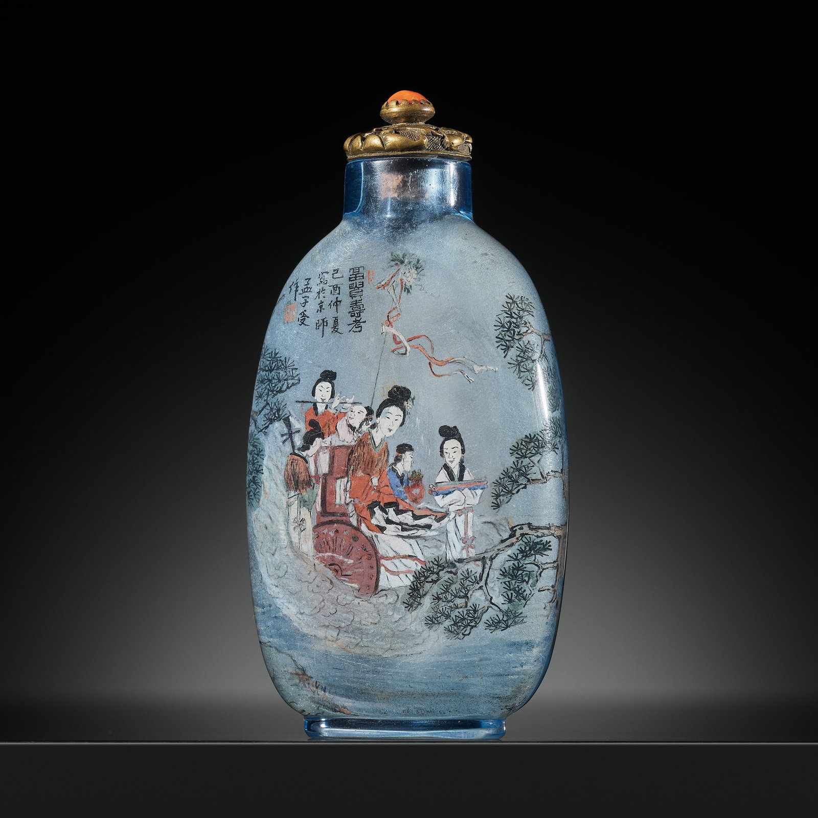 AN INSIDE-PAINTED BLUE GLASS 'FIGURAL SCENES' SNUFF BOTTLE, BY MENG ZISHOU, DATED 1909: AN INSIDE-PAINTED BLUE GLASS 'FIGURAL SCENES' SNUFF BOTTLE, BY MENG ZISHOU, DATED 1909 China, Beijing. Of flattened ovoid form, supported on a short oval foot and rising to a cylindrical neck with a f
