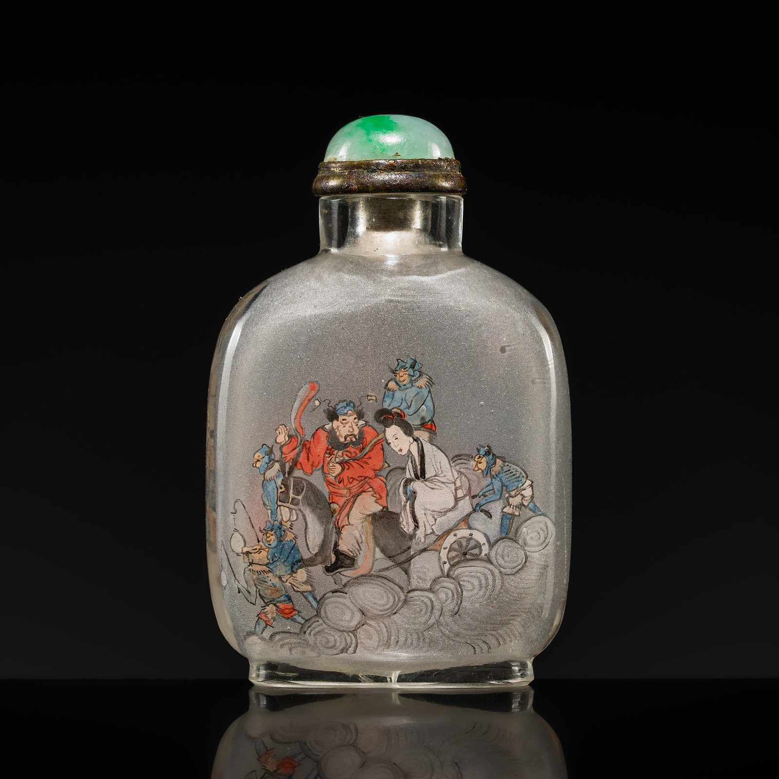 AN INSIDE-PAINTED GLASS 'ZHONG KUI' SNUFF BOTTLE, ATTRIBUTED TO A MEMBER OF THE YE FAMILY: AN INSIDE-PAINTED GLASS 'ZHONG KUI' SNUFF BOTTLE, ATTRIBUTED TO A MEMBER OF THE YE FAMILY China, Beijing, first half of the 20th century. One side is painted with Zhong Kui riding a donkey to escort h