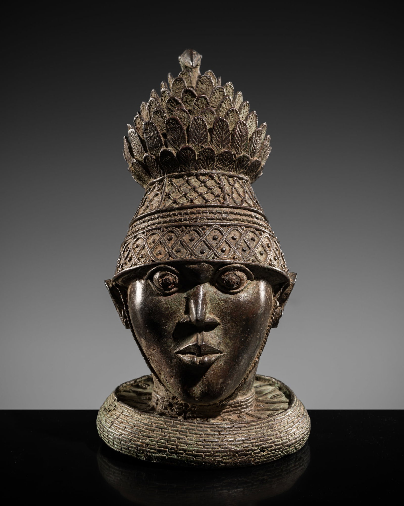 A FINE BENIN BRONZE HEAD OF AN EQUESTRIAN, 16TH-17TH CENTURY (1 of 20)