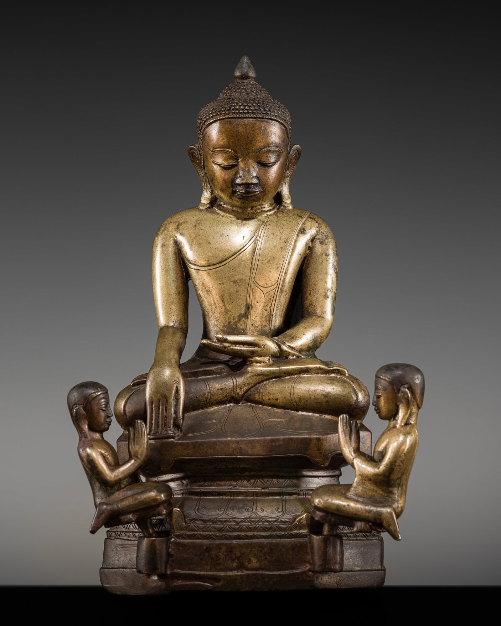 A RARE BRONZE FIGURE OF BUDDHA SHAKYAMUNI WITH DISCIPLES, SHAN STATES, 17TH-18TH CENTURY: A RARE BRONZE FIGURE OF BUDDHA SHAKYAMUNI WITH DISCIPLES, SHAN STATES, 17TH-18TH CENTURY This lot is from a single owner collection and is therefore offered without reserve Scientific Analysis Report: