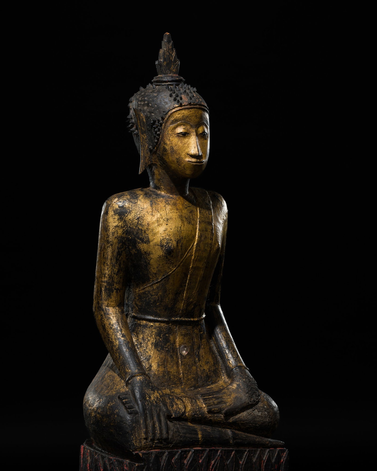 A LARGE (103 CM) GILT-LACQUERED WOOD FIGURE OF BUDDHA SHAKYAMUNI, LUANG PHRABANG PERIOD, 18TH: A LARGE (103 CM) GILT-LACQUERED WOOD FIGURE OF BUDDHA SHAKYAMUNI, LUANG PHRABANG PERIOD, 18TH CENTURY This lot is from a single owner collection and is therefore offered without reserve Laos. Powerful