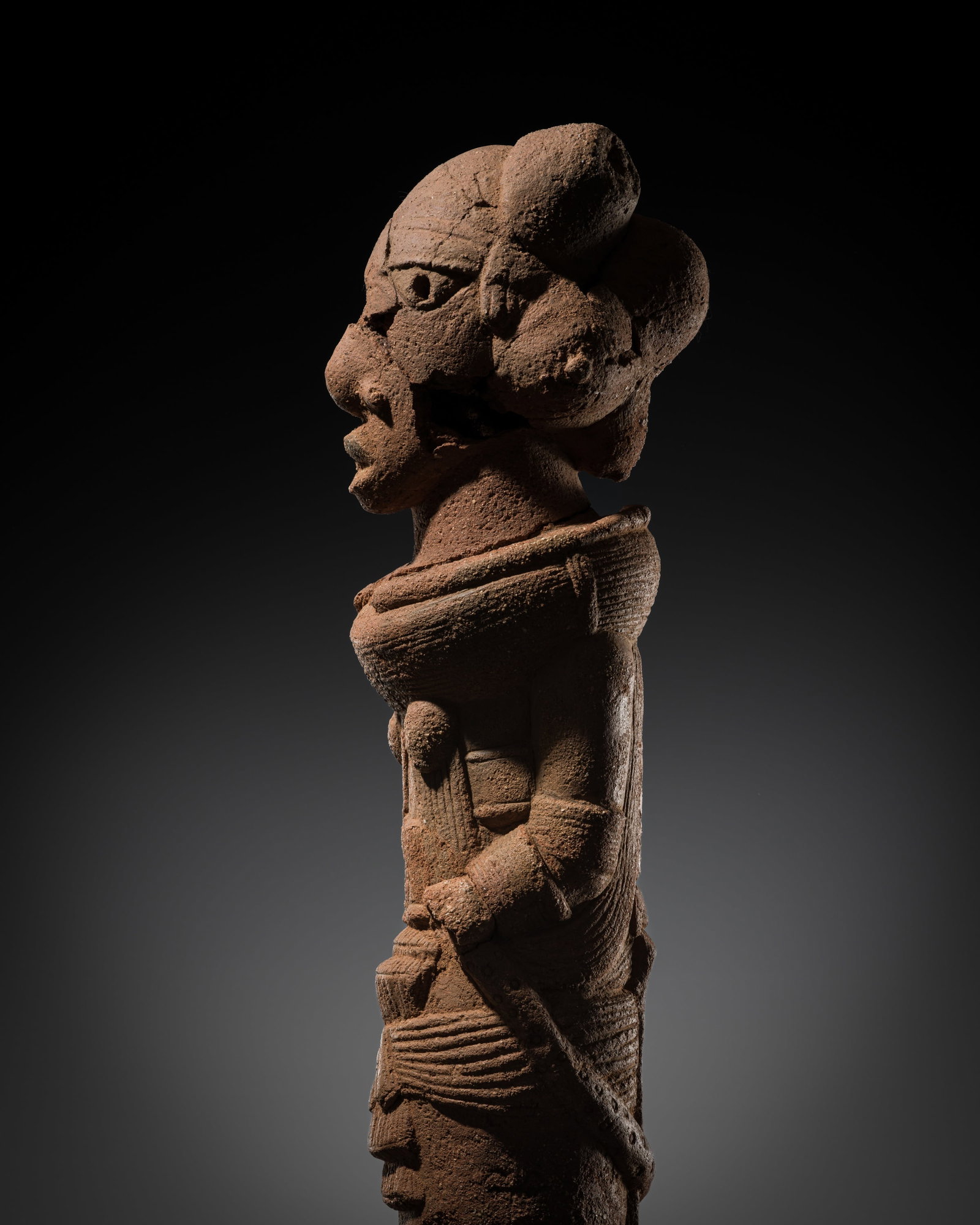 A LARGE TERRACOTTA FIGURE OF A MALE DEITY, NOK CULTURE, NIGERIA, 500 BC-200 AD: A LARGE TERRACOTTA FIGURE OF A MALE DEITY, NOK CULTURE, NIGERIA, 500 BC-200 AD This lot is from a single owner collection and is therefore offered without reserve Scientific Analysis Report: A thermol