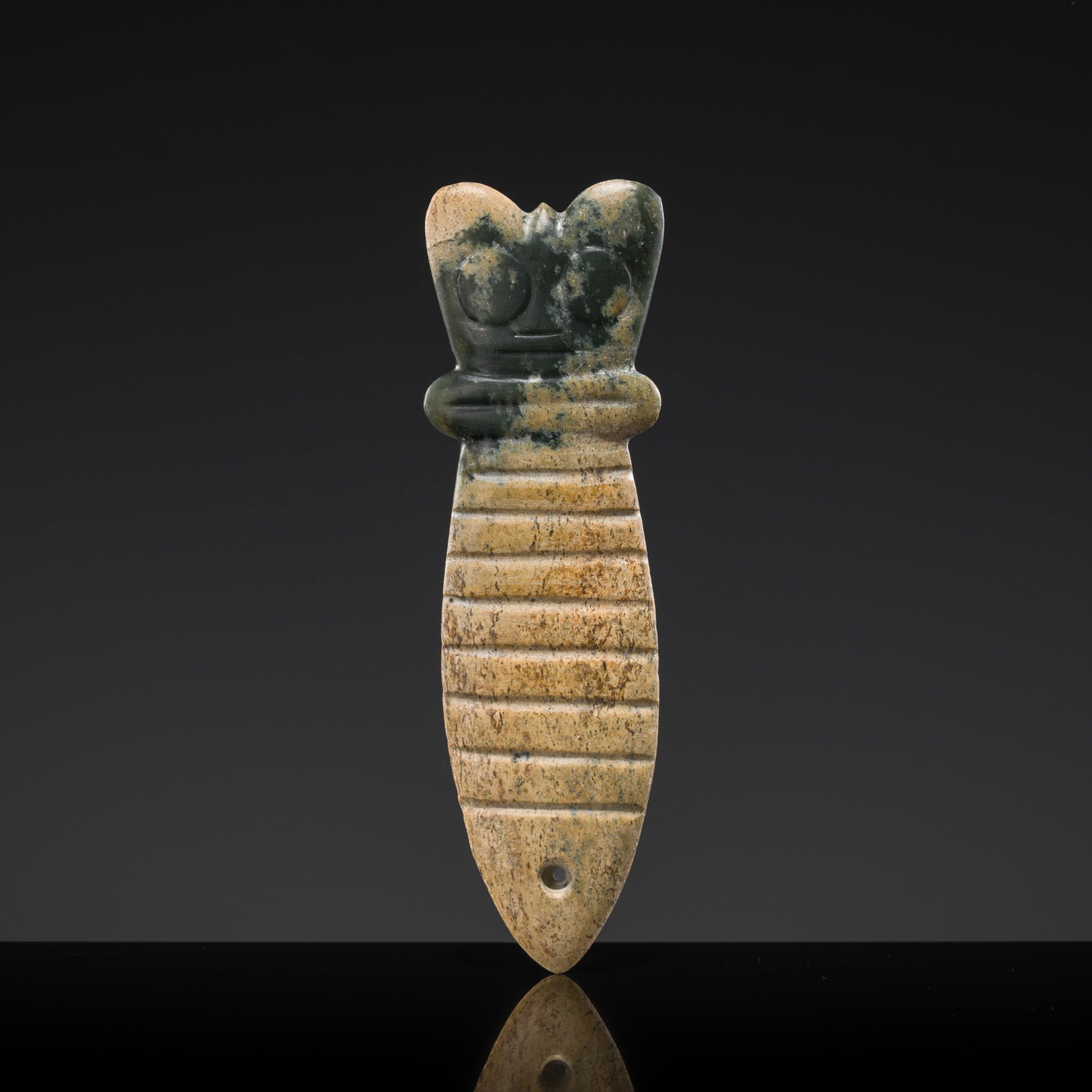 A RARE AND LARGE GREEN JADE 'SILKWORM' PENDANT, HONGSHAN CULTURE: † A RARE AND LARGE GREEN JADE 'SILKWORM' PENDANT, HONGSHAN CULTURE Expert authentication: Dr. Gu Fang has examined the present lot and confirms its authenticity and the dating above, noting the 