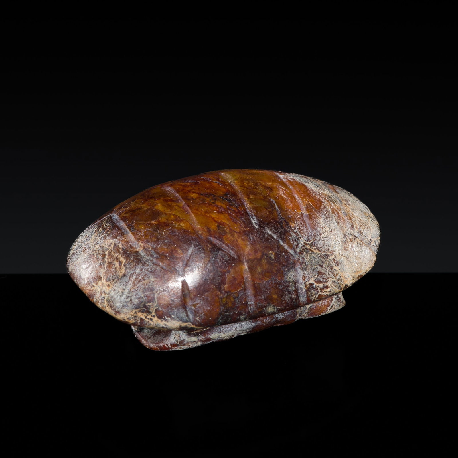 AN UNUSUAL RUSSET JADE 'TURTLE SHELL' PENDANT, SHANG DYNASTY: † AN UNUSUAL RUSSET JADE 'TURTLE SHELL' PENDANT, SHANG DYNASTY Expert authentication: Dr. Gu Fang has examined the present lot and confirms its authenticity and the dating above, noting the styl