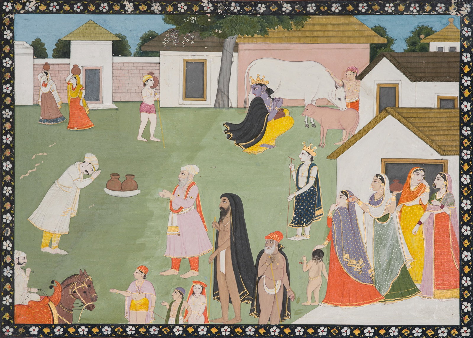 A KANGRA MINIATURE PAINTING DEPICTING KRISHNA MILKING A COW (KRISHNA DUDHADHARI), LATE 18TH-EARLY: A KANGRA MINIATURE PAINTING DEPICTING KRISHNA MILKING A COW (KRISHNA DUDHADHARI), LATE 18TH-EARLY 19TH CENTURY North India, Punjab Hills. Ink, gouache, and gold on paper. Finely painted in bright colo