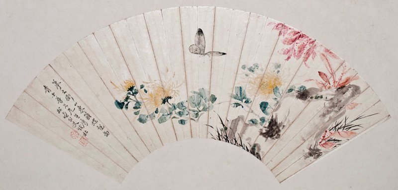 QIAN DU (1763-1844): CHRYSANTHEMUMS, ROCKS AND: Paintwork with colours and ink on paper. China, 18th/ 19th century A lightly and brightly painted depiction with yellow chrysanthemums, grass, rocks, red leaves and a transparently and delicately pain