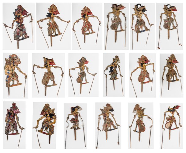 GROUP OF 18 WAYANG-KLITIK PUPPETS: Painted wood, wood and horn batons. JAVA, 19th - 1st half 20th cent. Good quality and condition. Height approx. 45 â€“ 70 cm