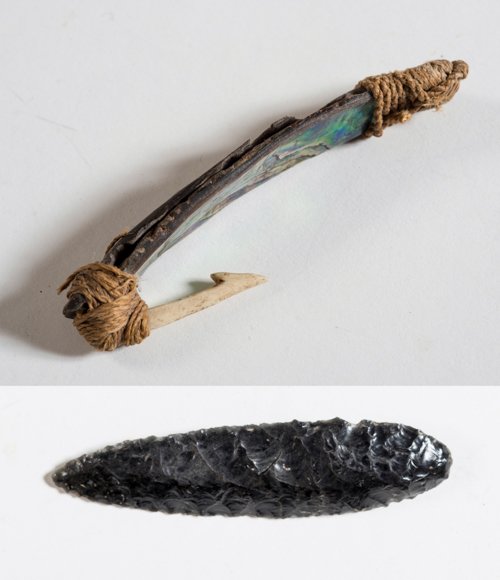 STONE AGE TOOLS: Fascinating artistically crafted fish-hook with a mesh of natural fibers, bone and a piece of shell, Also a large finely worked blade of obsidian. Obsidian is a natural deposit of mineral glass and wa