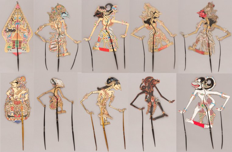 A GROUP OF NINE WAYANG-KULIT PUPPETS AND ONE SYMBOL: Leather, wood, horn, with paint. JAVA, 19th - 1st half 20th cent. Figurines minutely cut out of buffalo skin, richly painted, with playing-batons from wood and horn. Excellent quality of painting, ver