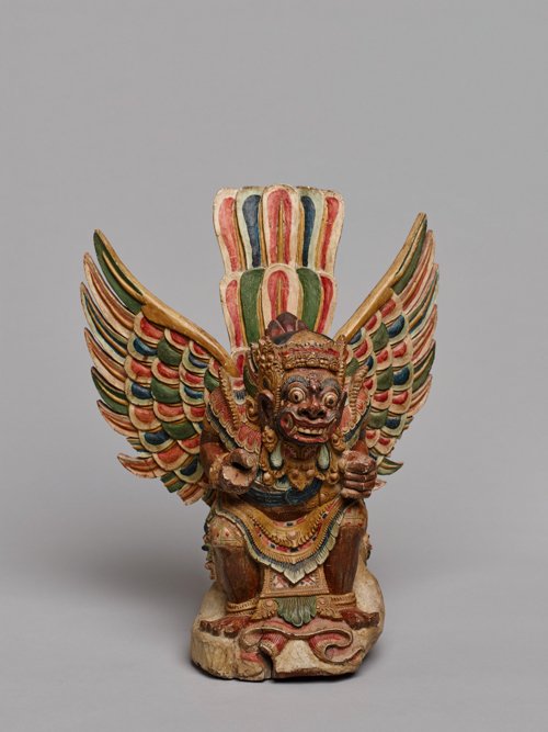 GARUDA: Painted wood. Indonesia, Bali, late 19th cent. to 1st half 20th cent. Sculpture with multiple parts, eloquently depicting the â€žKing of the Birdsâ€œ in the typical Indonesian style, with heig