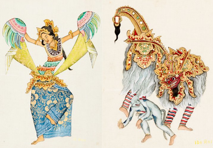 IDA RAI: TWO DANCE SCENES: Colours and gold on linnen. Bali, Indonesia The arists is one of the best known names from the Sanur group and is represented in many museums worldwide; his full name is Ida Bagus Nyoman Rai (he passe