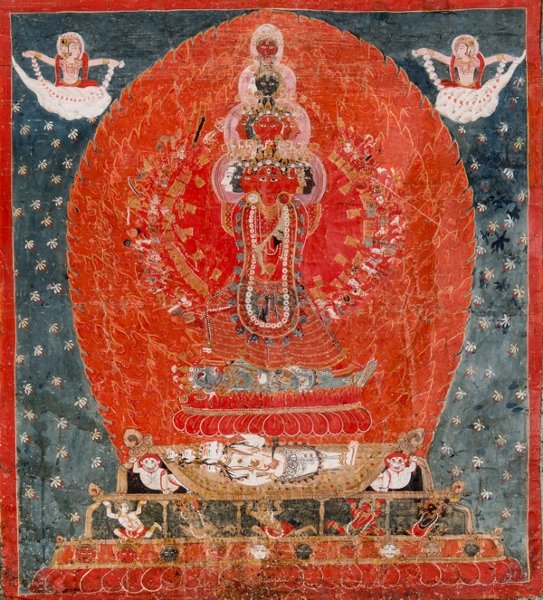 UNUSUAL FORM OF GODDESS KALI: Paubha painting. Nepal, 19th cent. or possibly earlier A very rare and exceptional painting of a thousand-armed and many-headed goddess Kali. A very similar painted example, in National Museum Kathman