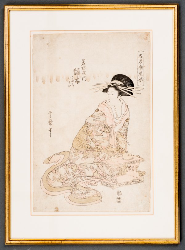 KITAGAWA UTAMARO II (TÃ„TIG CA. 1800 - 1830): Original woodblock print. Japan, Issued about 1810 The courtesan Takimoto from the house of Wakamatsu-ya (è‹¥æ¾å±‹From the series Meikun rakuya sugata (å›æ¨‚å±‹å§¿) â€“ ''