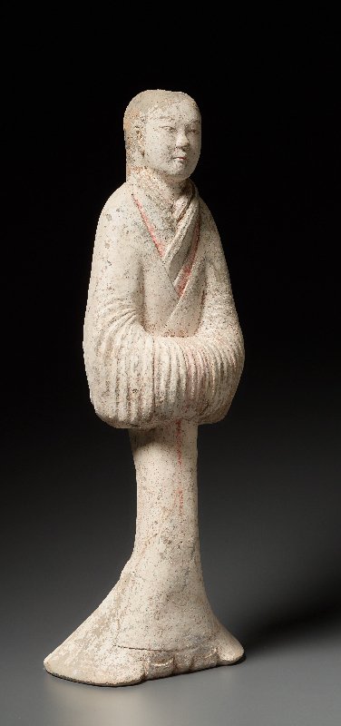 LARGE COURT LADY WITH LONG HAIR: Terracotta with painting. China, Han Dynasty (206 BC - 220) A rare large terracotta sculpture depicting a young lady. The legs are very small and floor-length garments flare like a funnel strikingly t