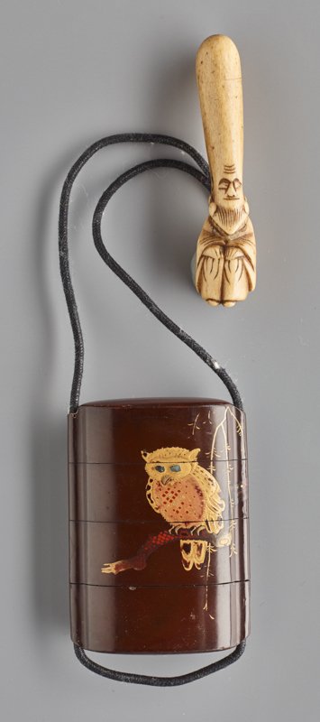 INRO WITH OWL AND NETSUKE WITH GOD OF LONG LIFE (1 of 5)