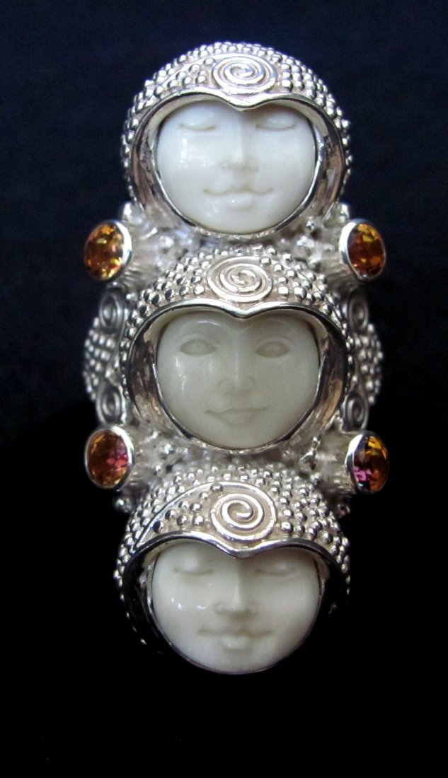 .925 Sterling Silver Balinese Goddess Face with 4: .925 Sterling Silver Balinese Goddess Face with 4 Yellow Topaz Ladies Ring - Size 10