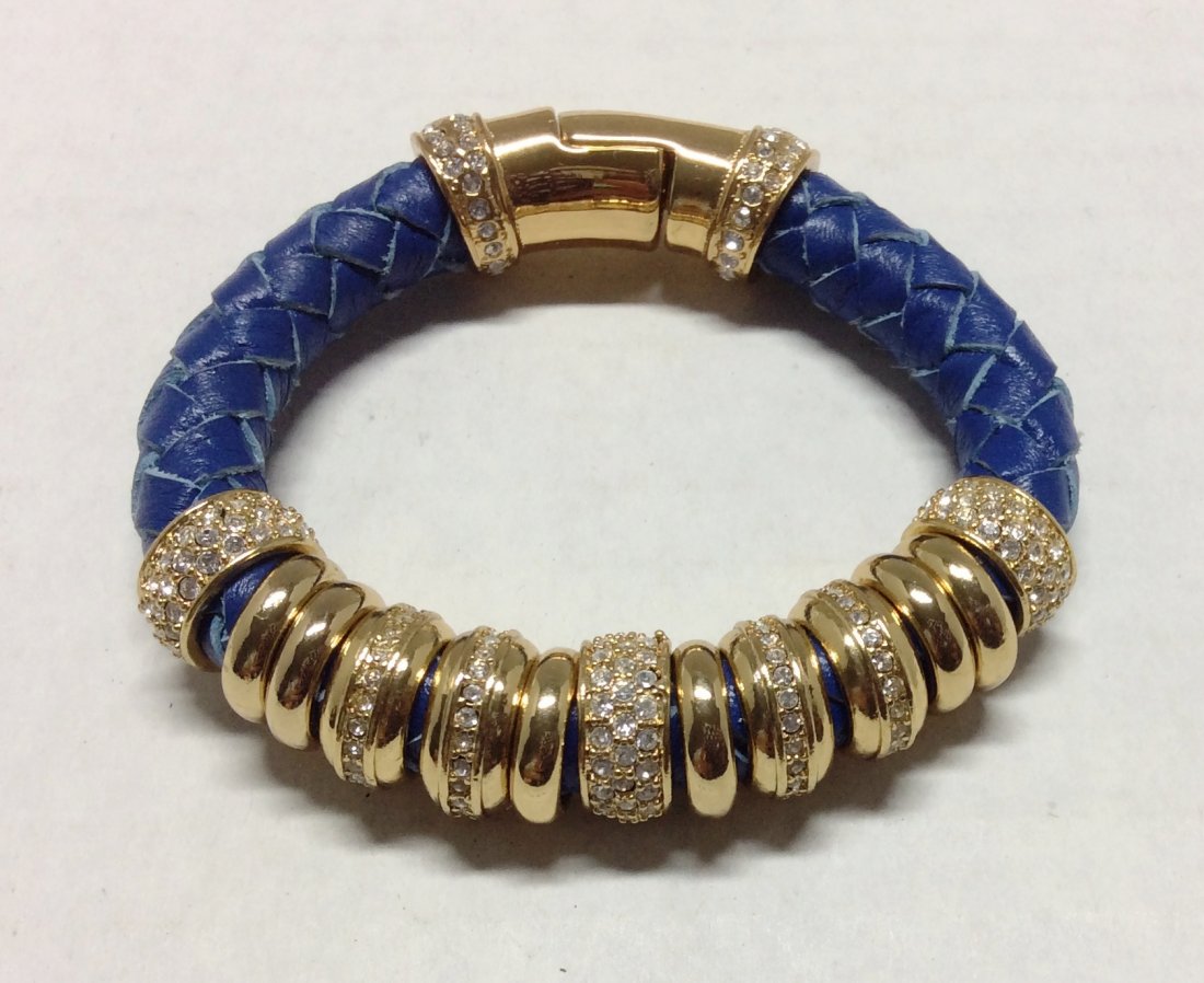 Serena Gold Tone Blue Leather and Rhinestone Bracelet: Serena Gold Tone Blue Leather and Rhinestone Bracelet