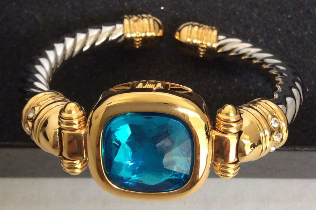 Gold Tone and Silver Tone with Blue Crystal Cuff: Gold Tone and Silver Tone with Blue Crystal Cuff Bracelet