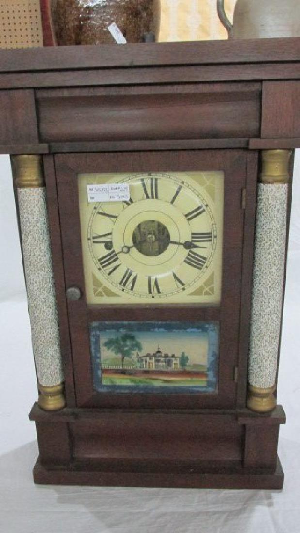1830s Mahogany 30 Hr. Mantle Clock: Half columns on the case covered with contact paper, full old label in the back identifying this as being a Patent Spring Brass 30 Hour Clock but no makers name, original painted tablet in the front d