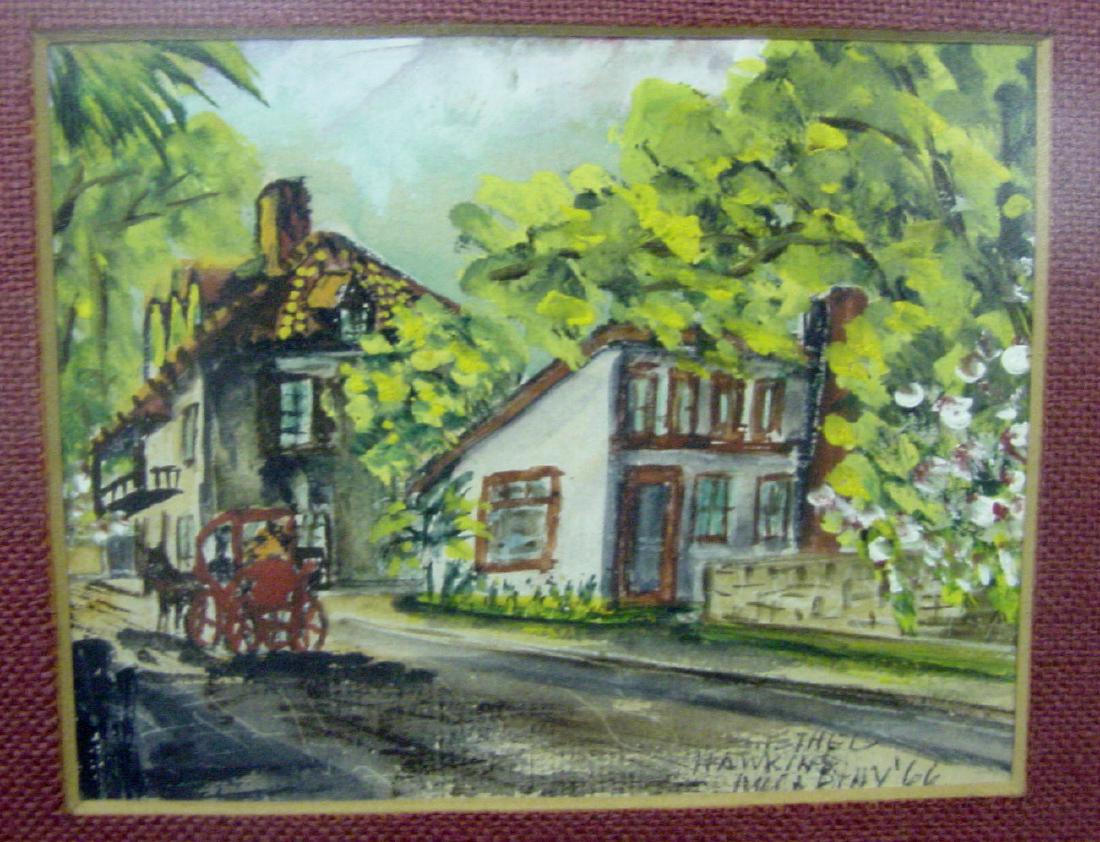 Horse Drawn Carriage - Ethel Hawking: Signed, Ethel Hawkins '66, Oil on Board of a Horse Drawn Carriage on a dirt road. To the right of the carriage are two houses. The first house is white with brown trim. The second house is tan with a