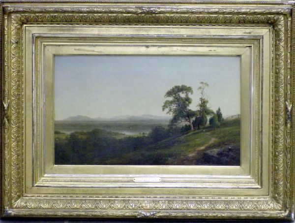 Barrytown, NY, HR by David Johnson, 1872: Exhibited at the National Academy of Design, this oil on canvas was originally framed under glass and has remained in pristine condition. The scene shows a hillside looking down on the Hudson River wi