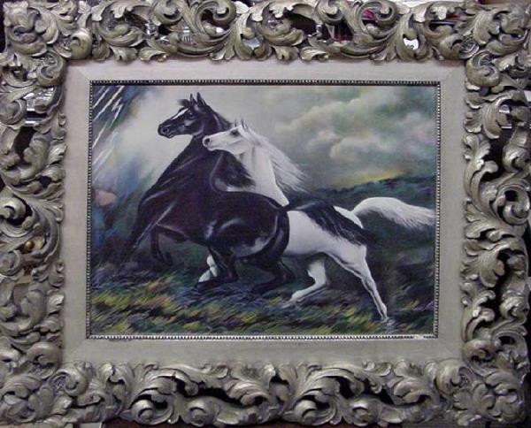 2 Horses In Storm, Late 19th Century Print: In a heavy wooden carved silver leaf frame, this white and black horse see bolts of lightning in the upper left of the corner, dramatic colors all around, their maines and tails are flying in the bree