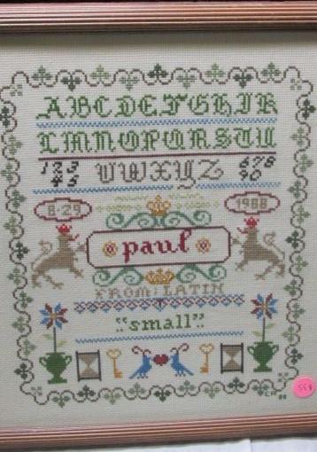 E.R., Birth Sampler Announcement,: Hand stiched birth sampler style announcement, with the alphabet and Paul as the name Birth year 8-29-1988, the Latin meaning Small, royal designs such as crowns and lions from family crest, in a wood