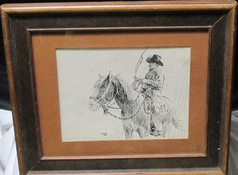 Jeb Cowboy on Horse Sketch: Signed Jeb, Ink sketch on white paper, cowboy on his horse holding on to reigns, smoking a cigarette, a lasso with a brown mat, a wooden frame, Peter Walker 801 Albuquerque N.M. 87105, 5.5 x 7.25" , F