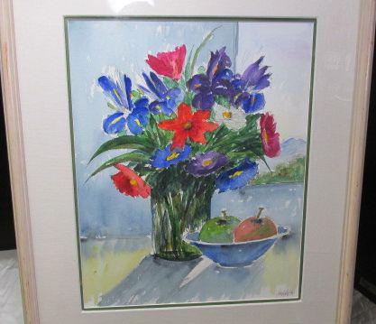 Heddy Kun Israel W/C Vase of Flowers: SBR, Israeli artist, Heddy Kun, watercolor. Colorful flowers in a vase with a bowl of fruit beside the vase, Label on back Marlin Art 920, Grand Blvd. Deer Park, NY, image size 19.5 x 15.25, archivall