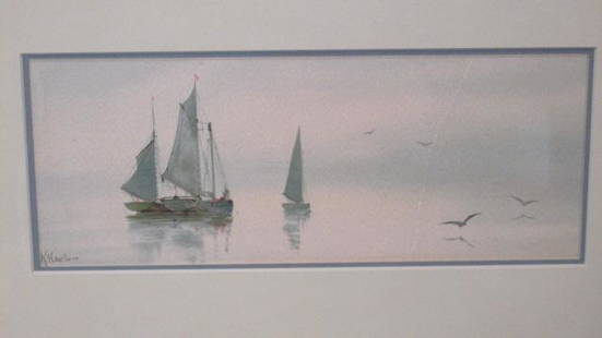 Boston Mass., Louis K. Harlow, 1850-1913, W/C,: SLC, Water color on paper, depiction of two sailboats on the water with sea gulls double mat one blue and one off white in a wooden molded frame, in great condition small wrinkle on the paper on the