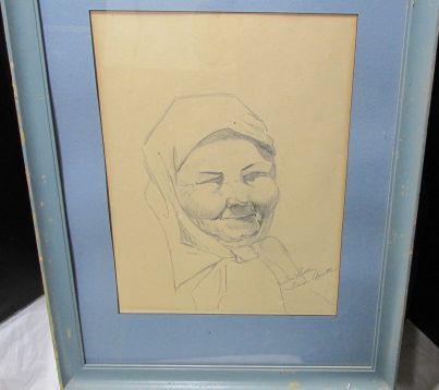 Annett Sketch Portrait of an Old Woman: SRC, Pencil sketch, older woman with a scarf around her head tied around her neck in a blue mat with a blue painted wooden frame, 15.25 x 11.5", 24.25 x 18.25", 1900's, possibly Dutch or European