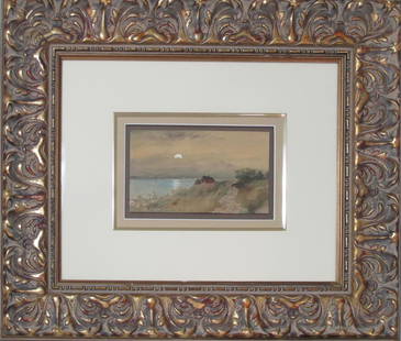 Mary DeNeale Morgan California W/C: Entitled Cottage at Dusk with a rising half moon over the water, Mary Morgan 1868-1948 was a well known California artist and teacher. Image size is 8" wide by 5" tall, plus the frame, circa 1930,