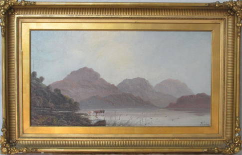 J. Lesley British Landscape: 3 Cattle are standing at a rivers edge with mountains behind and to the viewers left. Probably Scottish, oil on canvas, signed lower right J. Lesley. 22" wide by 12 1/2" tall, excellent condition,