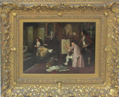 F. Luis Mora The Artists Studio & Salon: An undiscovered oil on canvas by America's First Hispanic painter, F. Luis Mora, 16" long by 12" tall plus the original frame, never cleaned or touched up, mint condition, very dark, the new owner