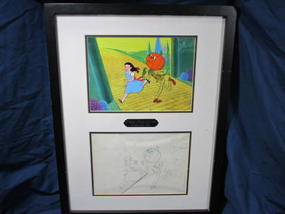 1973 Journey Back to Oz Animation Cell: Complete w/Certificate of Authenticity on the back, showing Dorothy on the Yellow Brick Road, drawing below is the coloring instructions, framed dimensions are 19.5 x 26. Excellent condition.