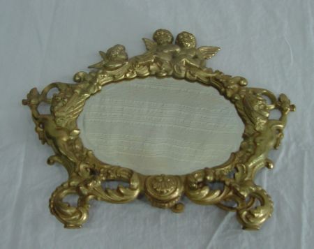 Victorian Brass Table Top Mirror, Cherub : Beveled, Oval Glass, 6 3/4" Long. Brass Frame Is 11 3/8" Wide X 9" Tall. Letter A And Number 309 Stamped In Back. Excellent Condition. Easily 1890-1910, Unsigned But High Quality.
