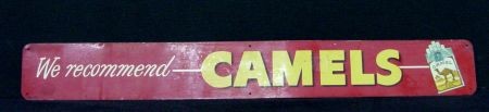 Camels Cigarettes Tin Strip Sign, 1950s: Door And Counter Strip Sign Is In Excellent, Used Condition With A Few Light Wrinkles And A Minor Scratch. 3" X 24". Bright And Colorful.