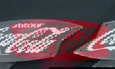Coca-Cola Tin Fishtail Sign: Small "Fishtail" Sign, Probably From A Bottle Rack Or Stand. 5" X 11 3/4". Very Good To Excellent Condition.