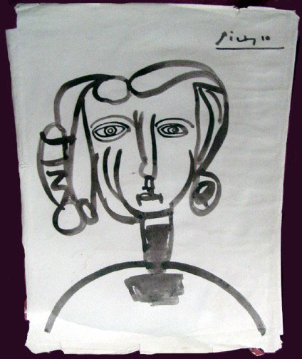 A Pablo Picasso Drawing: A full page that is the inside of Picasso and The Human Comedy, corner losses and a base of the page is torn, no attempt has been made to repair it and it looks as if it would be easy for a paper cons