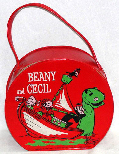Beany and Cecil Red Vinyl: Circa 1949-61, Red vinyl, round with flat bottom and handle, No thermos, Robert E. Clampett, Leaking Lena ship with sea monster looking at the boat.