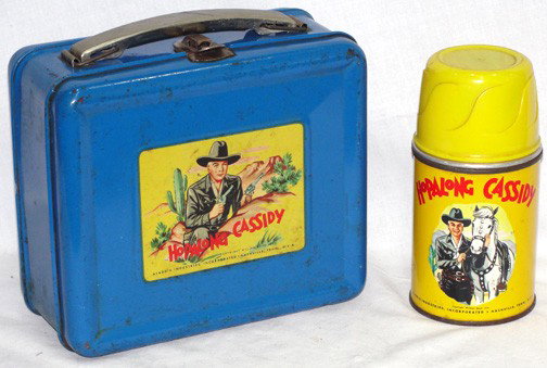 Hopalong Cassidy Box w Square Decal (Blue): Circa 1952-53, Aladdin Industries, & William Boyd, square decal with no side decals, yellow lid thermos.
