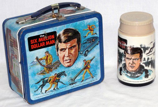 Six Million Dollar Man: Circa 1974, Universal City Studios & Aladdin Industries, embossed steel surface, cup missing on the round plastic thermos.