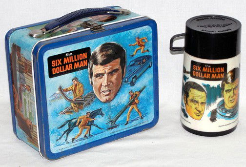 Six Million Dollar Man: Circa 1974, based on the TV series starring Lee Majors, artist Elmer Lehnhardt, round plastic bottle, embossed surface, Universal City Studios, Aladdin Industries.
