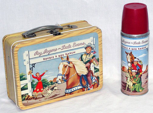 Roy Rogers (All Over Wood Grain Pattern): Circa 1954, American Thermos, matching steel glass bottle.