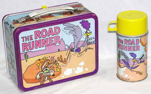 Road Runner: Circa 1970, purple rim, based on the cartoons, artist Nick LoBianco, matching steel/glass bottle, King-Seeley Thermos, Warner Bros.
