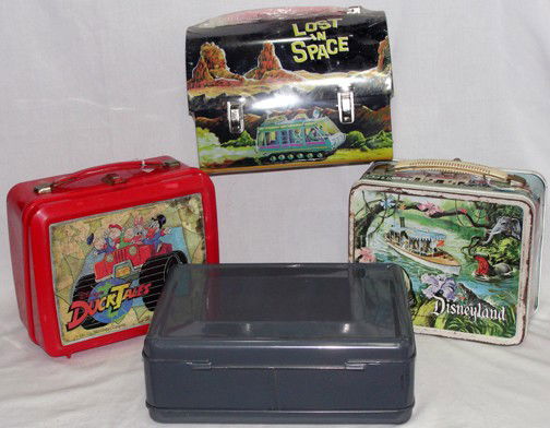 Box Lot of 4 Lunch Boxes: Disneyland w/bottle, unknown gray, Lost In Space dome box 1998 still in plastic, Plastic Disney Duck Tales 1986.