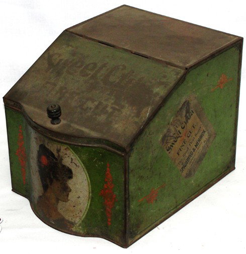 Sweet Cuba Tobacco Tin: Circa 1910-20, sweet Cuba Light Fine Cut The Kind That Suits by Spaulding & Merrick Manufacturers, Chicago, Ill., green colors with stylized red fan shaped late Victorian designs, curved front on the 