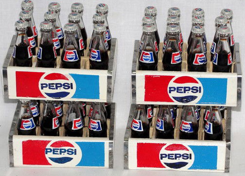 4 Pepsi Cola Miniature Bottles & Crates: Set of 4 Pepsi Cola wooden crates each holding 12 glass bottles of Pepsi, original logos on the sides with handles on each end, 3 1/4" by 4 1/4" by 3 1/4" tall. Stamped on the base Made in Argentina.