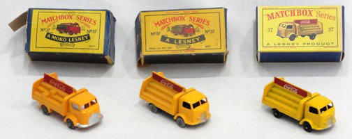 3 Match Box Toys MIB by Lesney: No. 37 Coca Cola Delivery Truck, all 3 same of Coca Cola but of differing years.