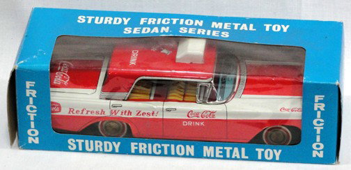 Sturdy Friction Metal Ford Coca Cola Car: MIB, 9 1/2" long, Friction Sturdy metal toy, Refresh with Zest Coca Cola Drink, lithographed interior of car, Coca Cola light on the roof.